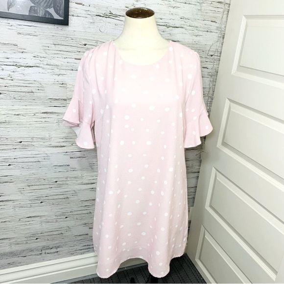 AVA Festival Pink White Polka Dots Crepe Mini Dress Ruffle Short Sleeves Sz M/L - Picture 4 of 10